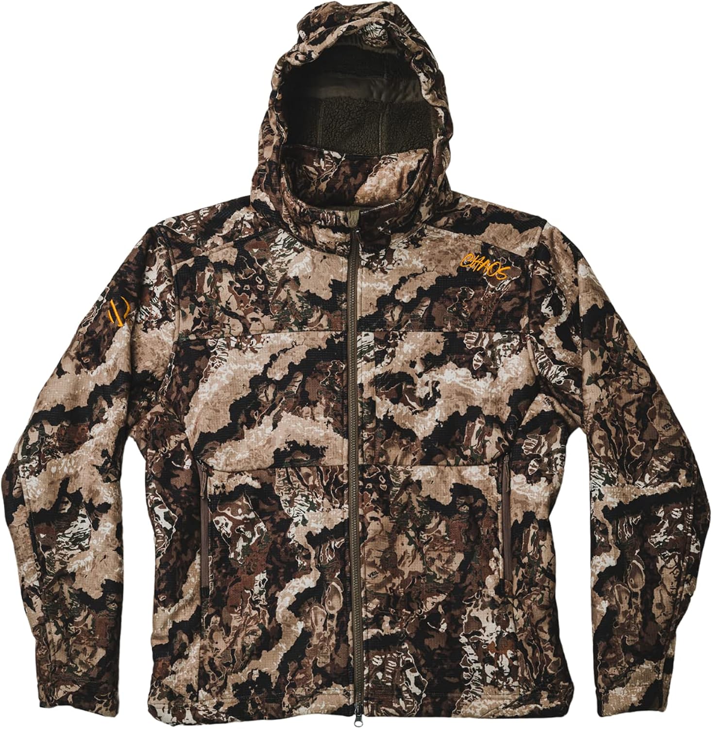 VEIL CAMO Men��s Fleece Chaos Jacket �C Noise Reduction Grid Face, Windproof, 4-Way Stretch, 3 Large Pockets & Attached Hood