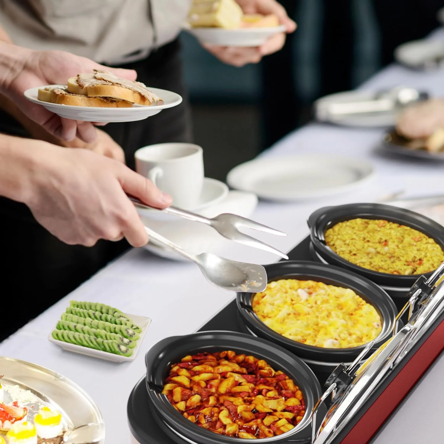 DIQIN Triple Slow Cookers, 3x1.5 Qt Food Warmer Adjustable-Temp Server,Buffet Server for Parties,Mini Crock Dips Pot with Ceramic Pot & Lid Rests,Stainless Copper