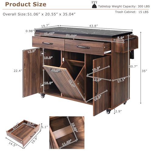 Wood Kitchen Island with Trash Can Storage Cabinet, Kitchen Cart with Drop Leaf, Spice Rack, Towel Rack and Drawer, Rolling Kitchen Island on Wheels with Adjustable Shelf (Walnut Brown-K6)