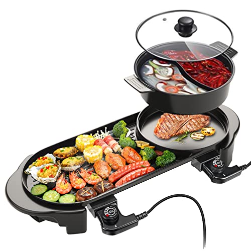 BOEASTER Electric Hot Pot with Grill Indoor Shabu-shabu Hotpot Korean BBQ Grill, Removable Hotpot Pot W/Large Capacity Baking Tray, Smokeless Non-Stick, Adjustable Temperature, 1-6 People 110V