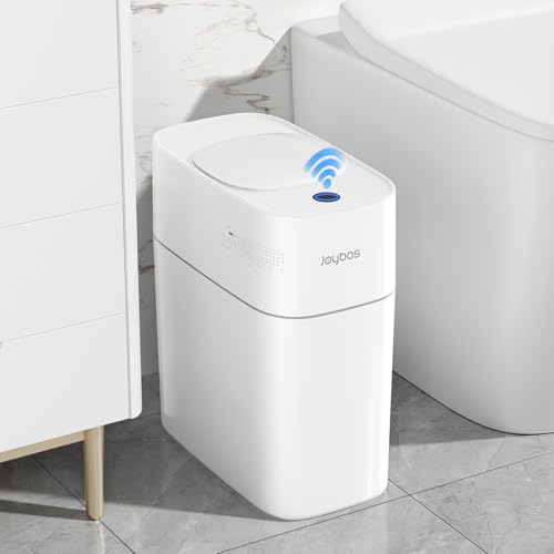 MOPALL Small Bathroom Trash Cans with Lids,Motion Sensor Bathroom Trash Can,Narrow Waterproof Plastic 3.5 Gallon Automatic Adsorption Touchless Garbage Can,White