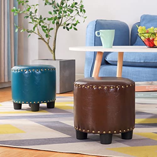 Round Rivet Footrest Pu Ottoman,Stackable Footstool for Living Room Bedroom,Doorway Shoe Stool-Gray