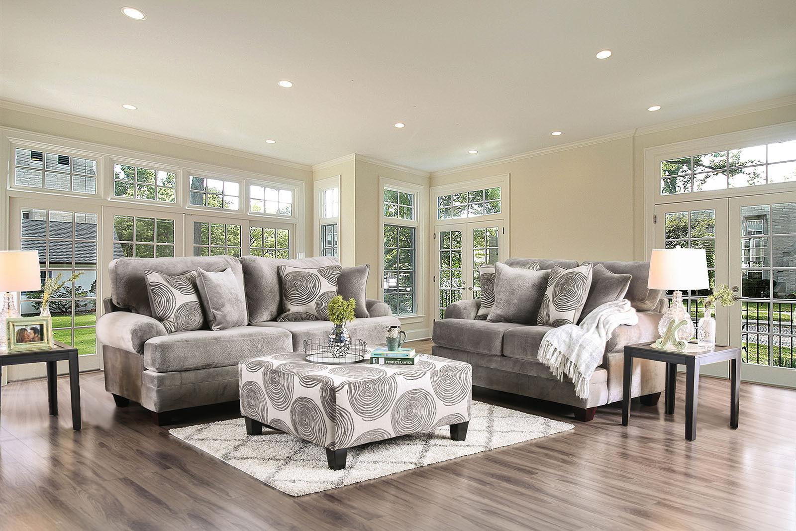 Transitional Gray Microfiber Sofa and Loveseat FOA Bonaventura