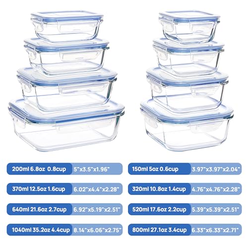 Vtopmart 8 Pack Glass Meal Prep Container with Lids, Snapware Lunch Containers for Food Storage, Airtight Kitchen Container for Leftover, Microwave, Oven, Freezer and Dishwasher Safe, BPA Free