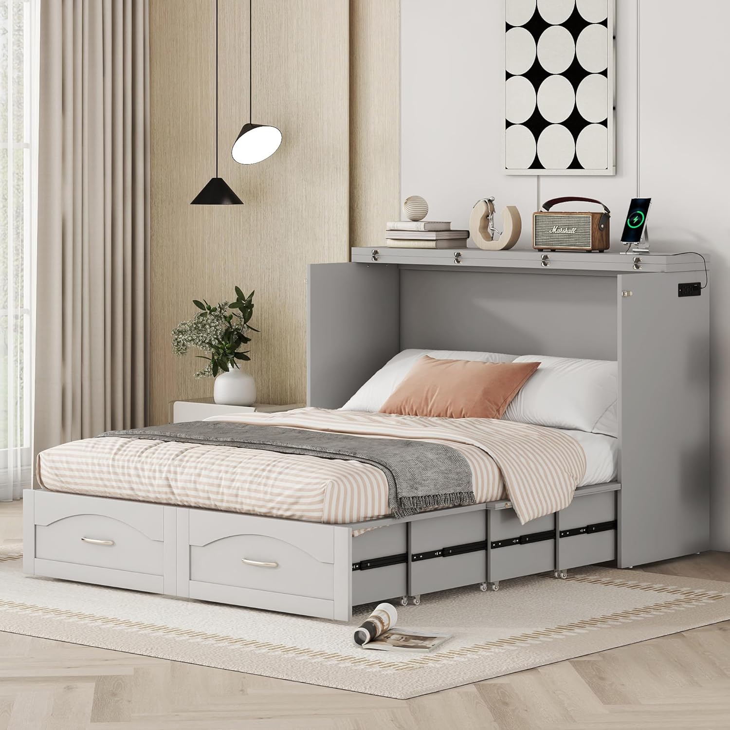 Full Size Murphy Bed, Full Murphy Cabinet Bed with Built-in Charging Station and a Shelf,Foldable Canbinet,Space-Saving Wall Bed for Guest Room or Home Office,No Box Spring Needed,Gray