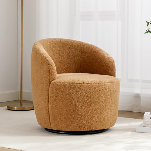 KIVENJAJA Swivel Barrel Chair, Teddy Sherpa Upholstered Round Accent Arm Chairs, Boucle 360 Degree Small Single Sofa Armchair for Nursery Living Room Bedroom (Teddy, Coffee Brown)