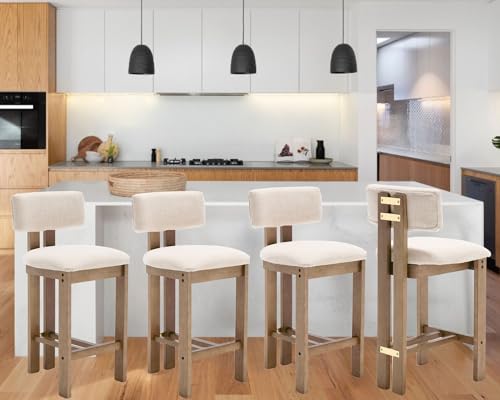 26’’ Tall Farmhouse Kitchen Bar Stools Set of 4, Modern Counter Stools with Backs Beige Linen Upholstered Bar Height Chairs with Hardwood Frame, Counter Height Island Wood Barstools for Kitchen Island