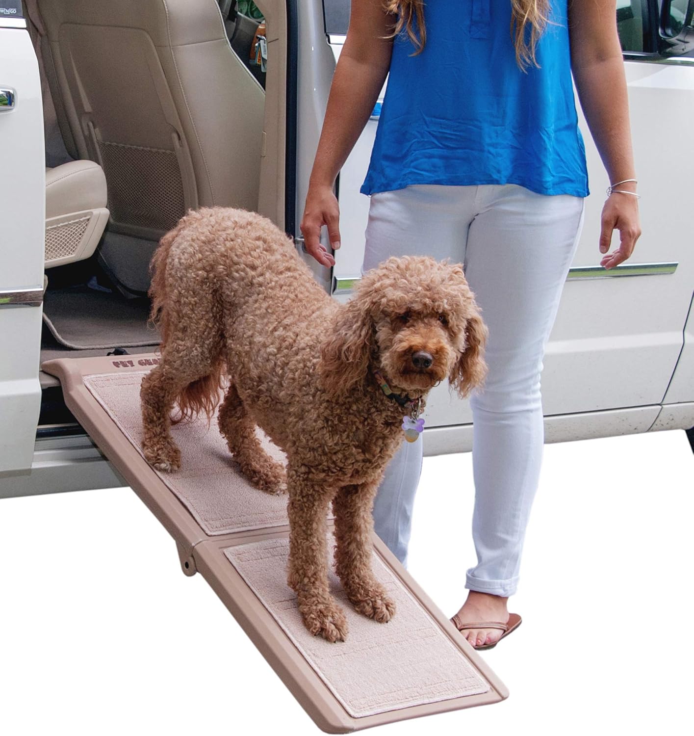 Pet Gear Travel Lite Bi-Fold Ramp for Cats/Dogs, Lightweight/Portable, Safety Tether Included, Rubber Grippers for Stability, PG9050TN, Bi-Fold Half Ramp 42