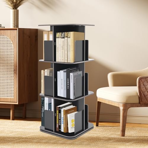 Rotating Bookshelf, 3 Tier 360° Revolving Bookcase Corner PVC Wood Board Bookcase, Stackable Bookshelf Organizer, Storage Display Rack Floor Standing for Office Home Living Room (Black)