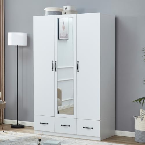 3-Door Armoire Wardrobe Closet Storage, Wood 3 Drawers White Closet Cabinet for Large Capacity with Hanging Rod and Metal Handles for Tall Cabinet Closet 47.3
