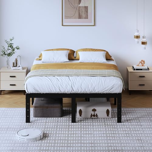 Full Metal Bed Frame - 14 Inch Tall Heavy Duty Bedframe Black Basic Steel Slats Platform No Box Spring Needed/Easy Assembly/Noise Free