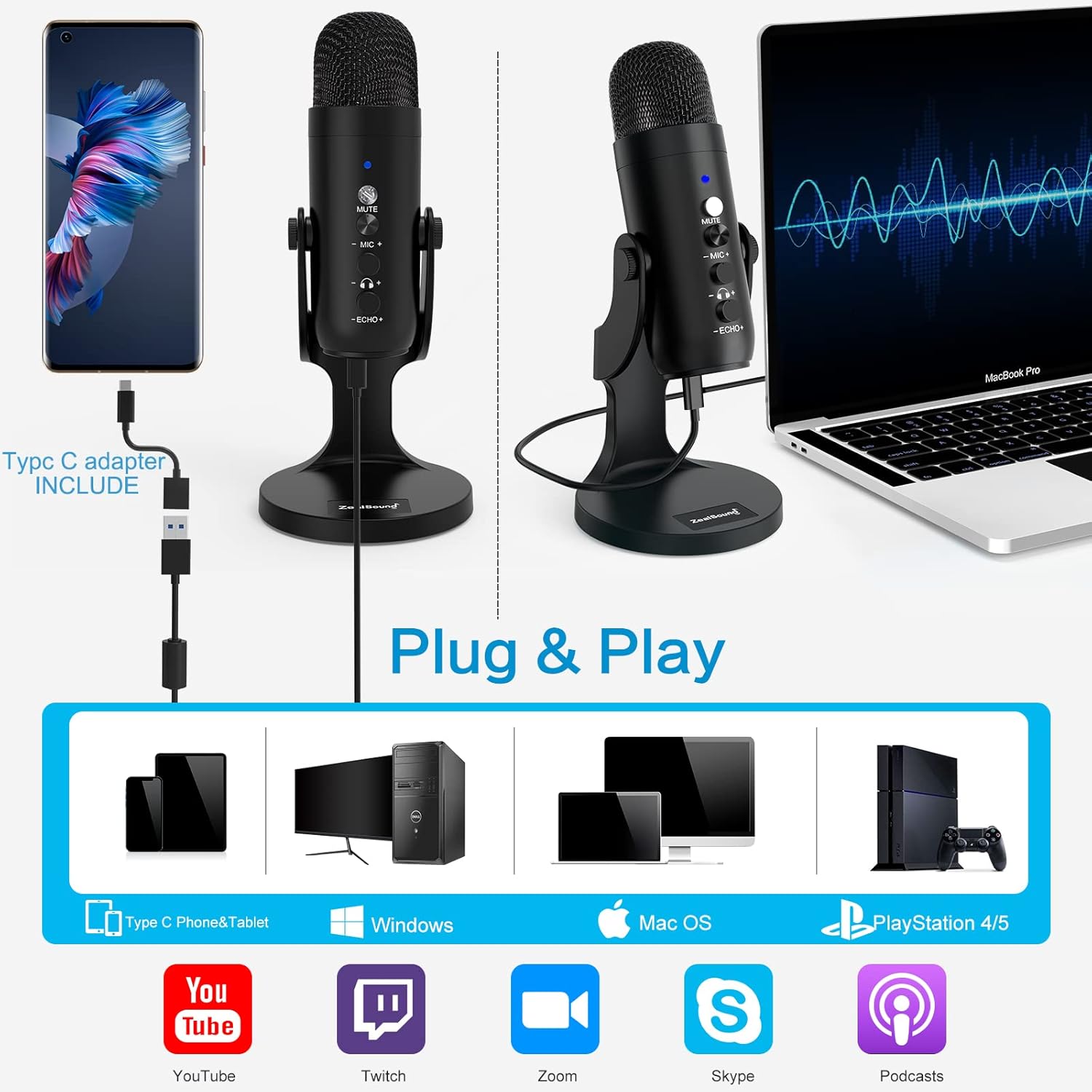 ZealSound USB Microphone,Condenser Computer PC Mic,Plug&Play Gaming Microphones for PS 4&5.Headphone Output&Volume Control,Mic Gain Control,Mute Button for Vocal,YouTube Podcast on Mac&Windows(Black)