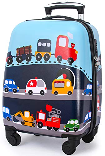 Kids Carry On Luggage Children Rolling Suitcase with 4 Wheels Hardshell Case for Toddler to Travel (dinosaur&car)