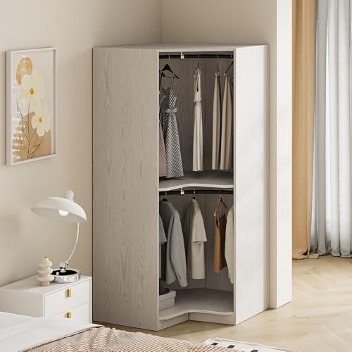 LZ LEISURE ZONE Polygon Corner Wardrobe Closet, Space-Saving Design Armoire Wardrobe Closet with Hanging Rods, Wooden Corner Wardrobe Cabinet Bedroom Closet Cabinet for Hanging Clothes, Gray