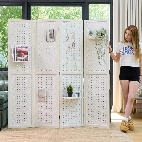 Pegboard Display, 5.6Ft Wooden Room Divider Folding Privacy Screens Portable Freestanding Wall Organizer for Retail Craft Art Display Board (4panels, Natural)