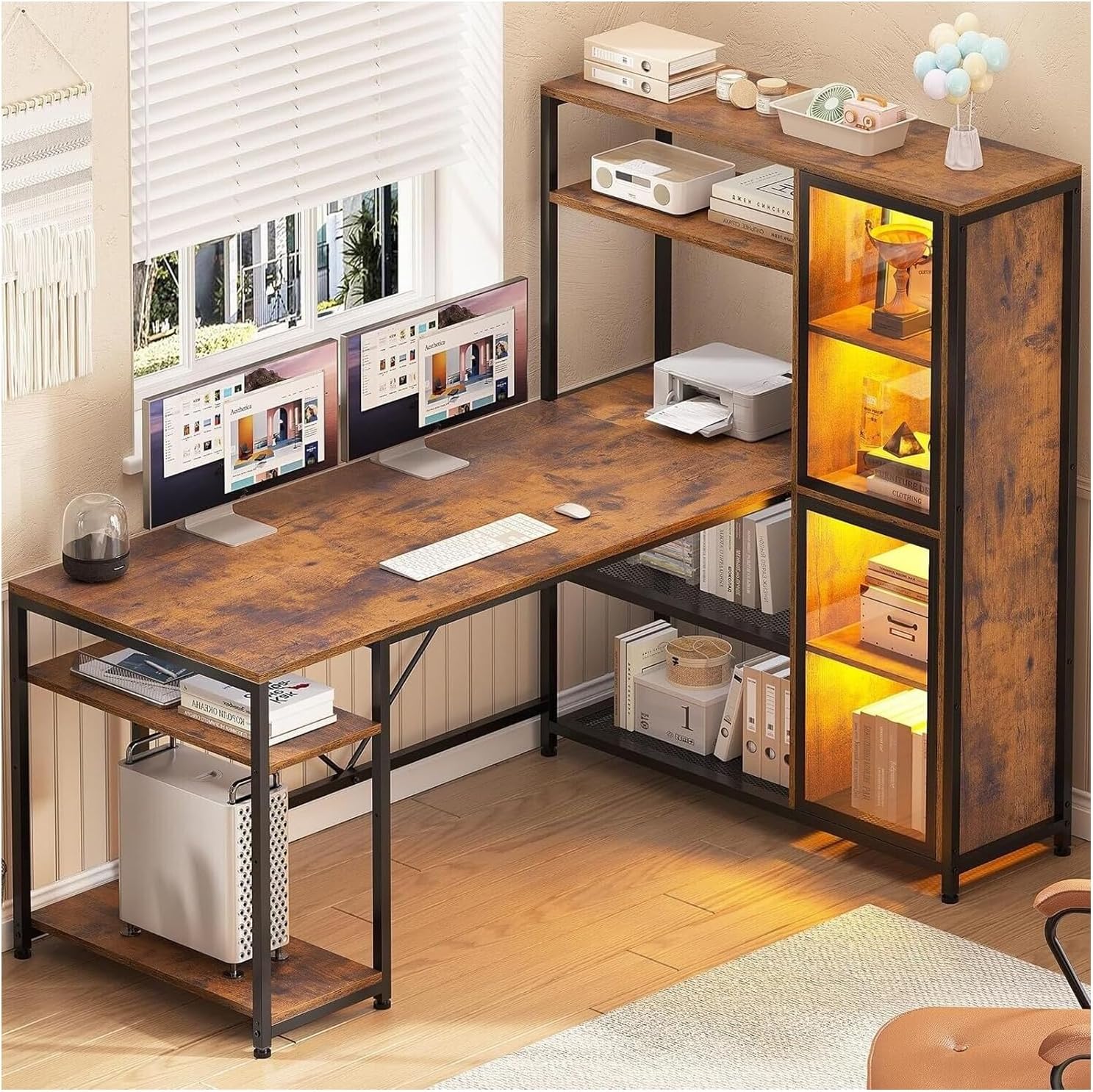 New Modern Rustic Brown L Shaped Desk Gaming Computer LED Light Bookshelf Corner Desk Storage Shelves Wood Display Cabinet Study Home Office 59”L x 31.5”W x 50.7”H of Set