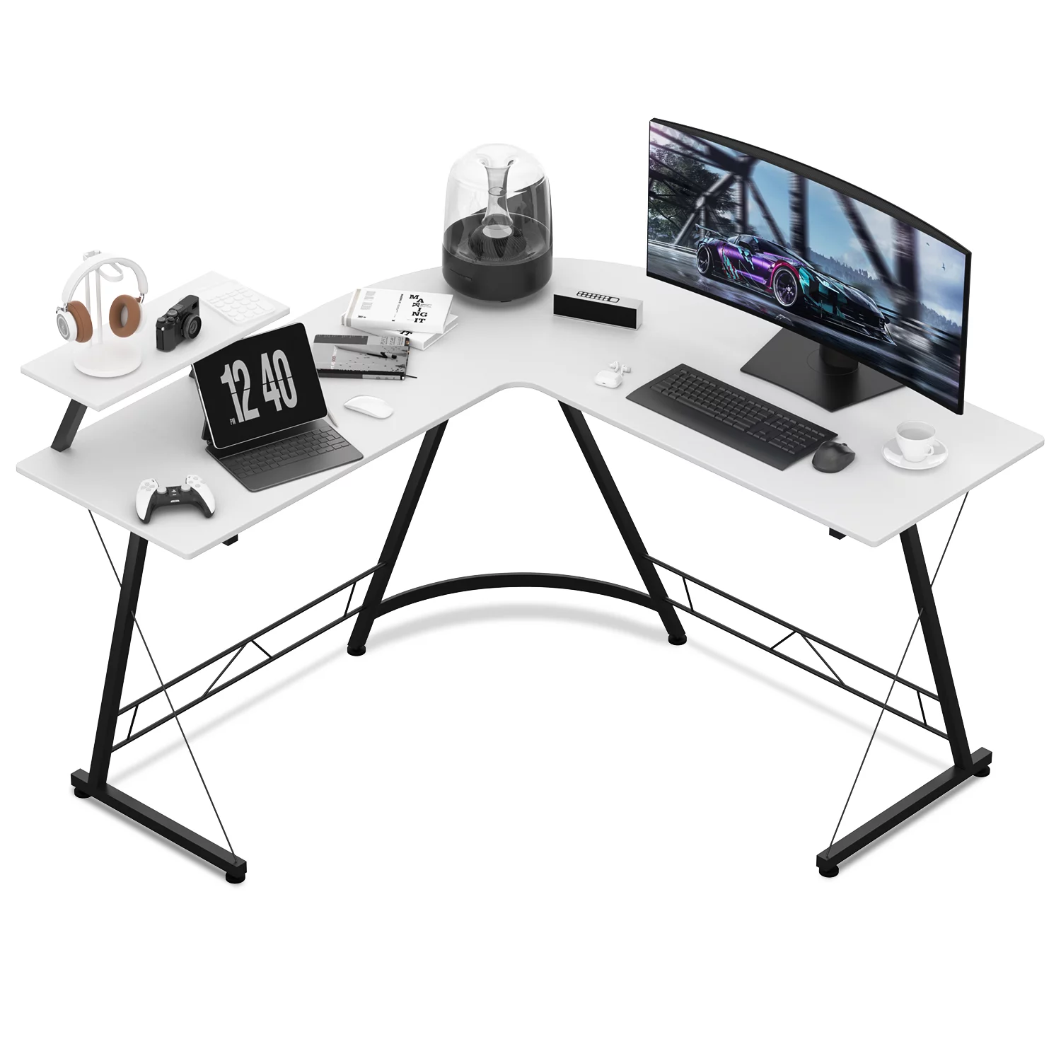 MoNiBloom L Shaped Corner Gaming Desk, Computer Writing Office Table with Monitor Stand, Workstation for Home Office, White