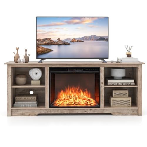 COSTWAY Electric Fireplace TV Stand for TVs up to 75 Inches, 1500W Heater Insert with Remote Control, 3 Flame Colors, 70-inch Wooden Entertainment Center with Adjustable Shelves, Black