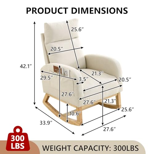 NIOIIKIT Modern Nursery Rocking Chair, Teddy Upholstered Glider Chair with High Back and Side Pocket, Comfy Accent Armchair with Wood Legs, Recliner Chair for Living Room (Grey Teddy)