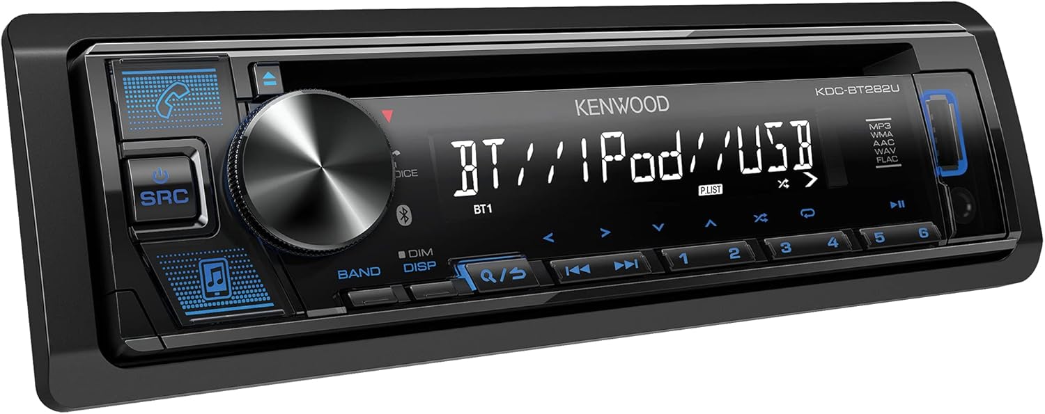KENWOOD KDC-BT282U CD Car Stereo - Single Din, Bluetooth Audio, USB MP3, FLAC, Aux in, AM FM Radio, Detachable face with White 13-Digit LCD Display and Blue Button Illumination