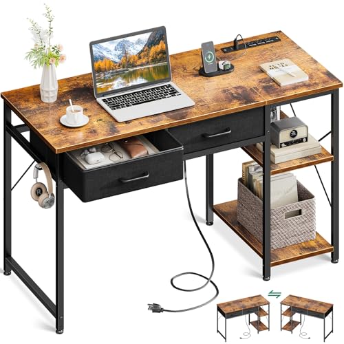Coleshome Laptop Desk, 40 Inch Small Computer Desk With Drawers & Power Outlet for Bedroom, Home Office With Storage Shelves, Reversible Study Table Vanity for Small Spaces, White