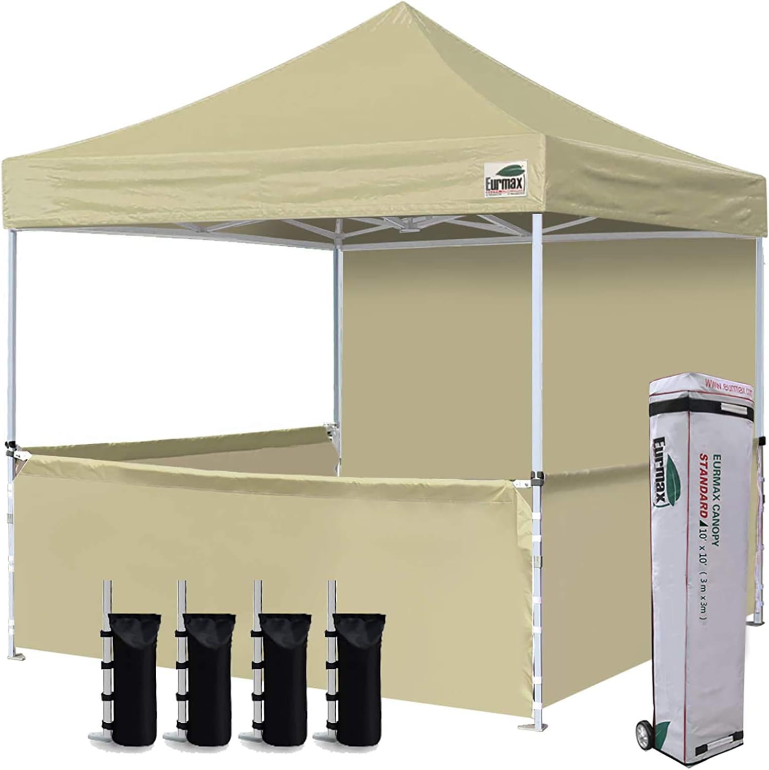Eurmax USA 10'x10' Ez Pop-up Booth Canopy Tent Commercial Instant Canopies with 1 Full Sidewall & 3 Half Walls and Roller Bag, with 4 SandBags + 3 Cross-Bar (Grey)