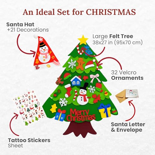 TriskelBlue Felt Christmas Tree for Toddlers – 4-in-1 Wall Set with 32 Velcro Ornaments, DIY Santa Hat, Write to Santa Letter & Tattoo Stickers – Reusable Holiday Activity & Xmas Decoration