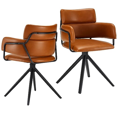 Dining Chairs Set of 2,Mid-Century & Farmhouse Style,Upholstered Leather Accent Chairs with Arms, Easy Assembly & Clean,Seating for Living Room & Kitchen (Light Brown,Swivel Chair Set of 2)
