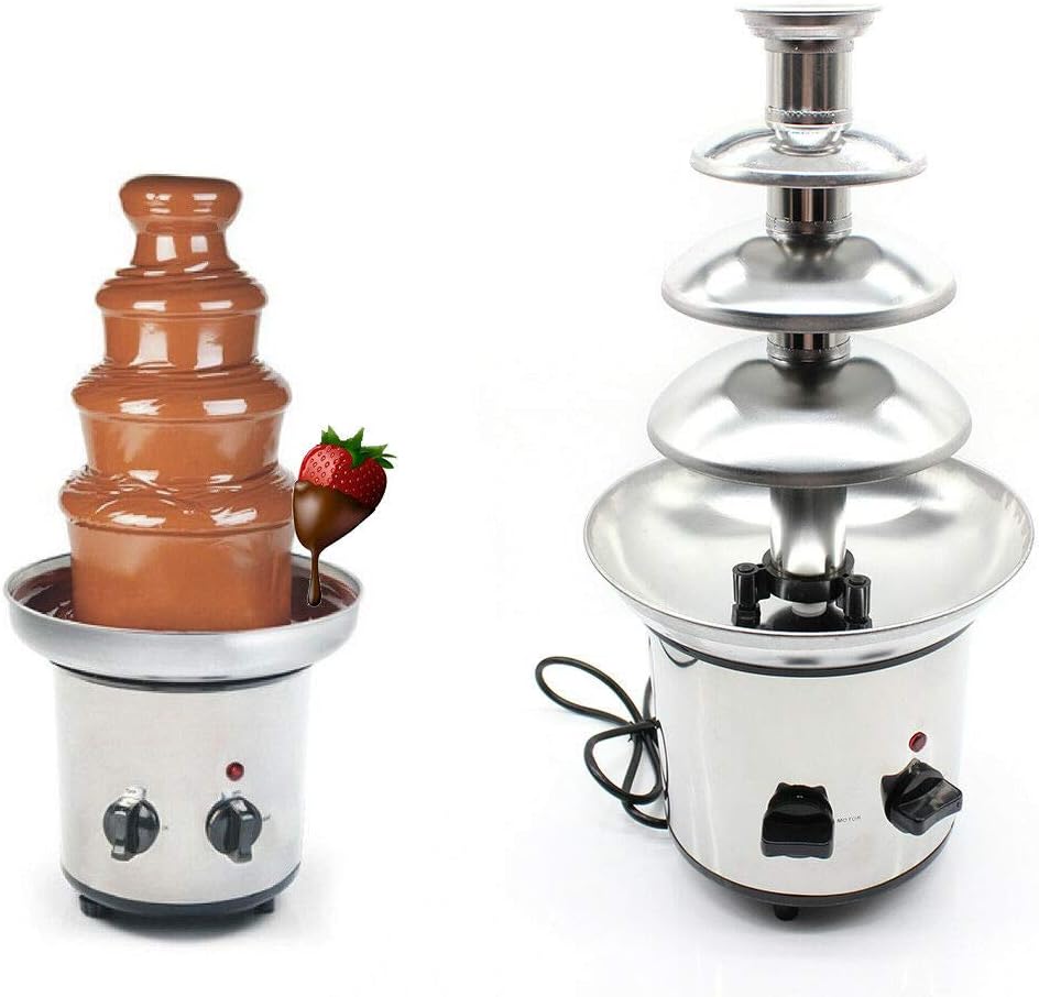 4-Tier Chocolate Fondue Fountain - Electric Stainless Steel Chocolate Melts Dipping Warmer Heated Melting Machine Commercial