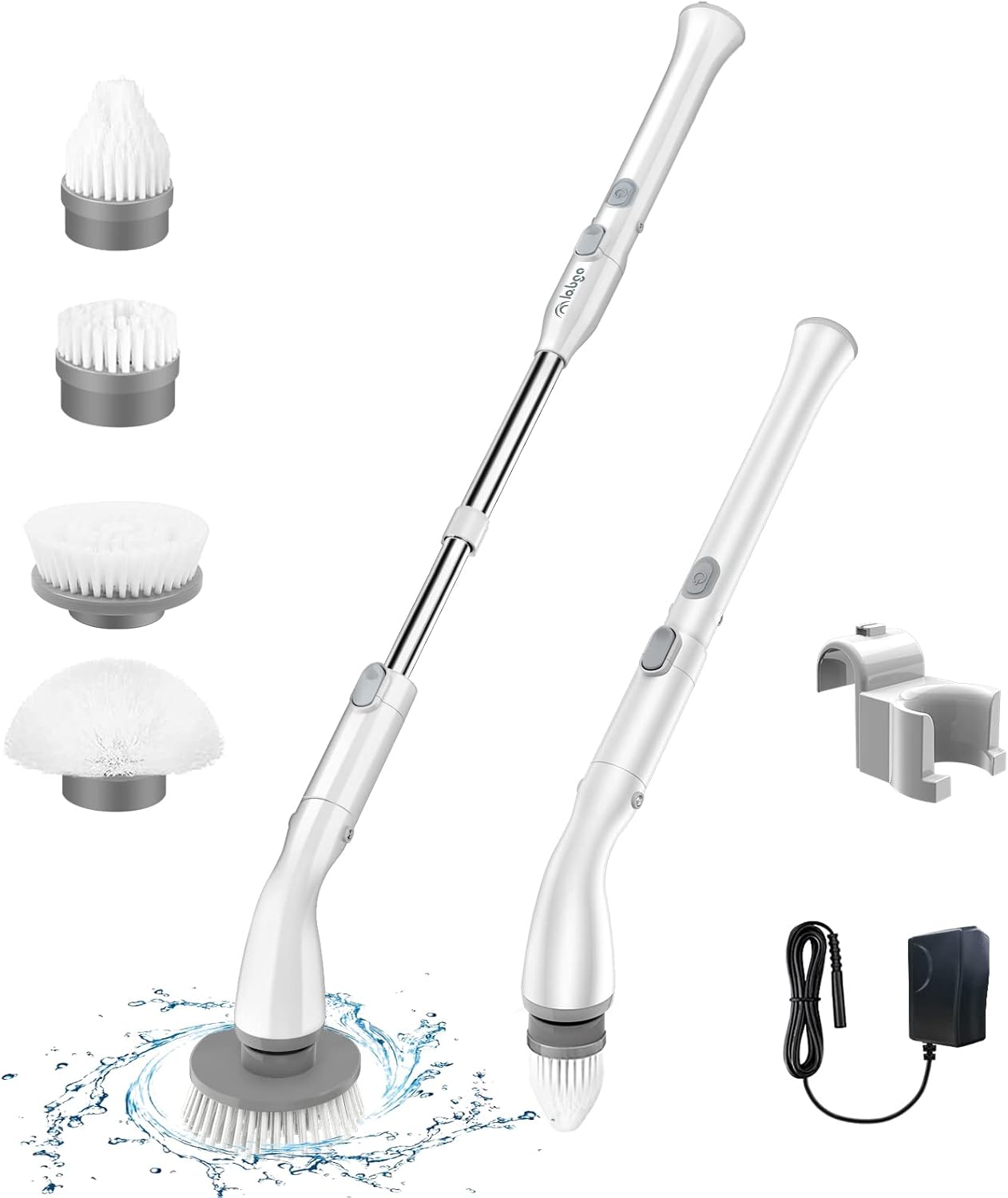 LABIGO Electric Spin Scrubber LA1 Pro, Cordless Spin Scrubber with 4 Replaceable Brush Heads and Adjustable Extension Handle, Power Cleaning Brush for Bathroom Floor Tile (White) Pack of 2