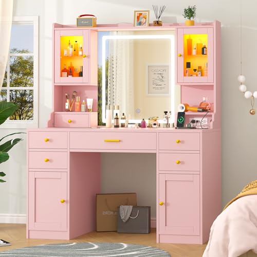 White Makeup Vanity Desk with Mirror and Lights, Large Vanity Table Set with Charging Station, Dressing Table with RGB Cabinets, Makeup Vanity Mirror with Lights Desk and Drawers, 3 LED Lights Modes