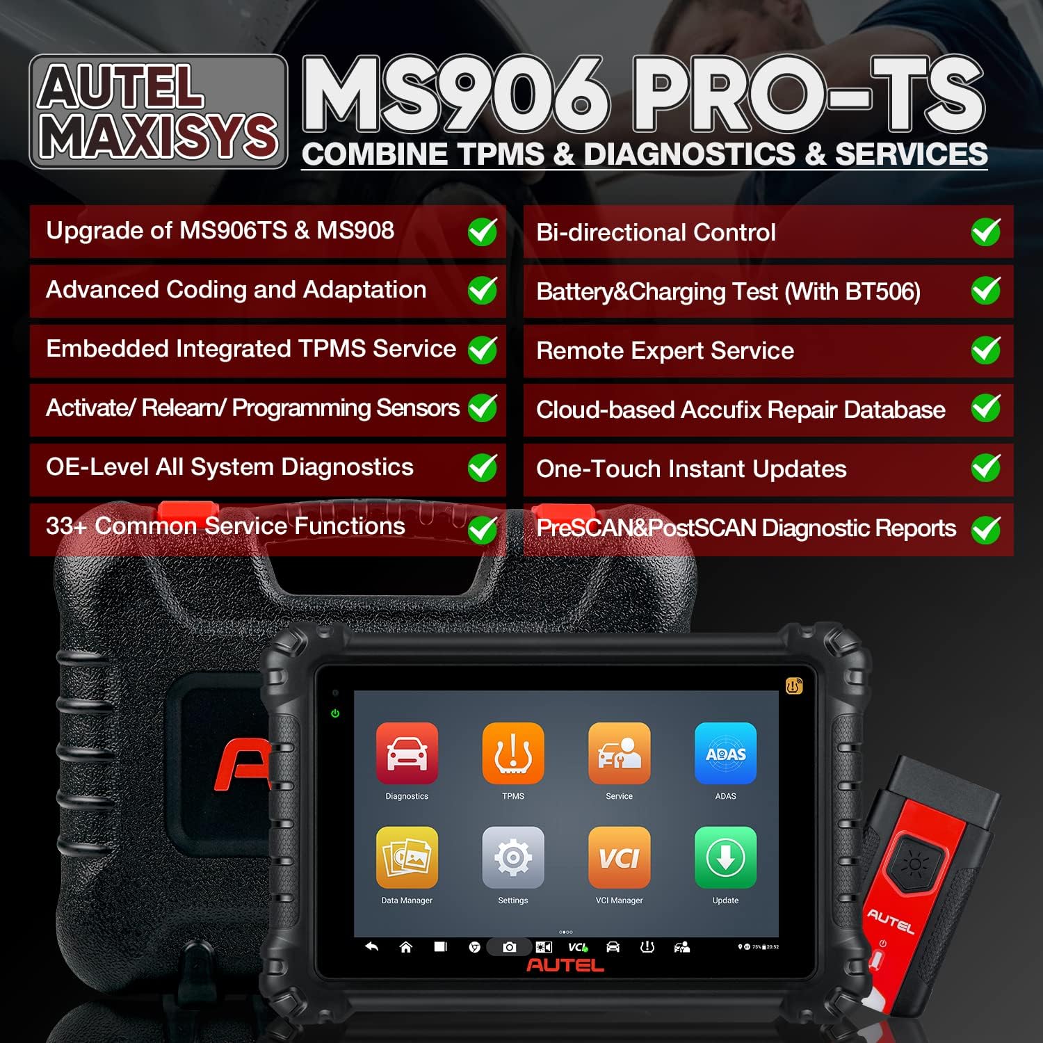 Autel MaxiSYS MS906 Pro-TS Diagnostics Scanner Tool: Upgrade of MS906TS/ MS906BT/ MK906BT/ MS906, OE All Systems Diagnostics & Complete TPMS Function, Key Coding, Bi-Directional Control, 31+ Services