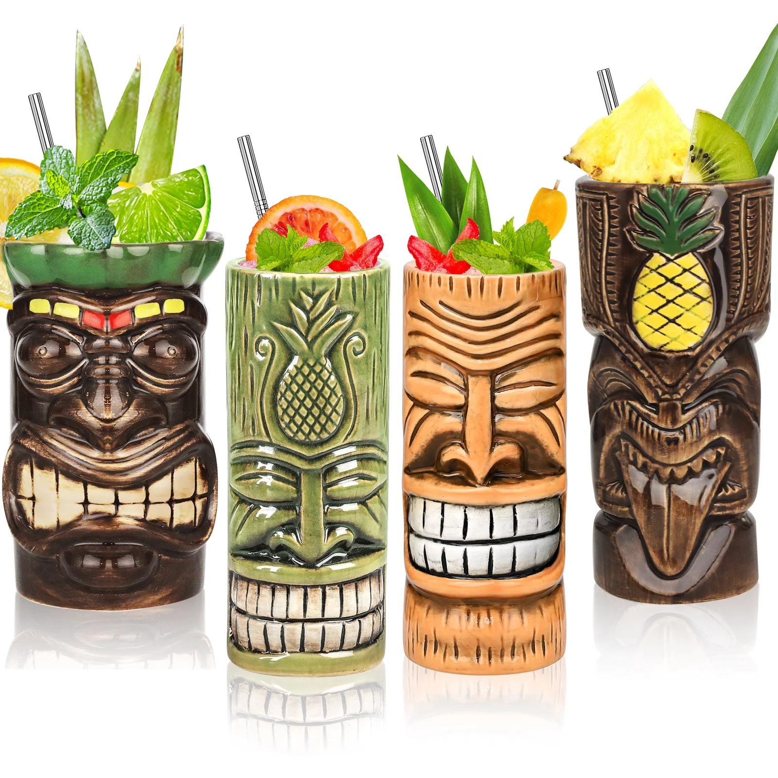Tiki Mugs Cocktail Set of 4 - Large Tumblers Ceramic Hawaiian Luau Party Mugs Drinkware, Cute Exotic Cocktail Glasses, Tiki Bar Professional Hawaiian Party Barware