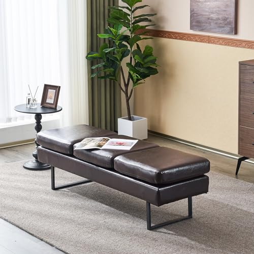 Waiting Room Bench for Salon, 59.5'' Reception Bench Office Chair Seating, Faux Leather Guest Lobby Furniture Conference Room Chair for Beauty Barber Barbershop, Brown