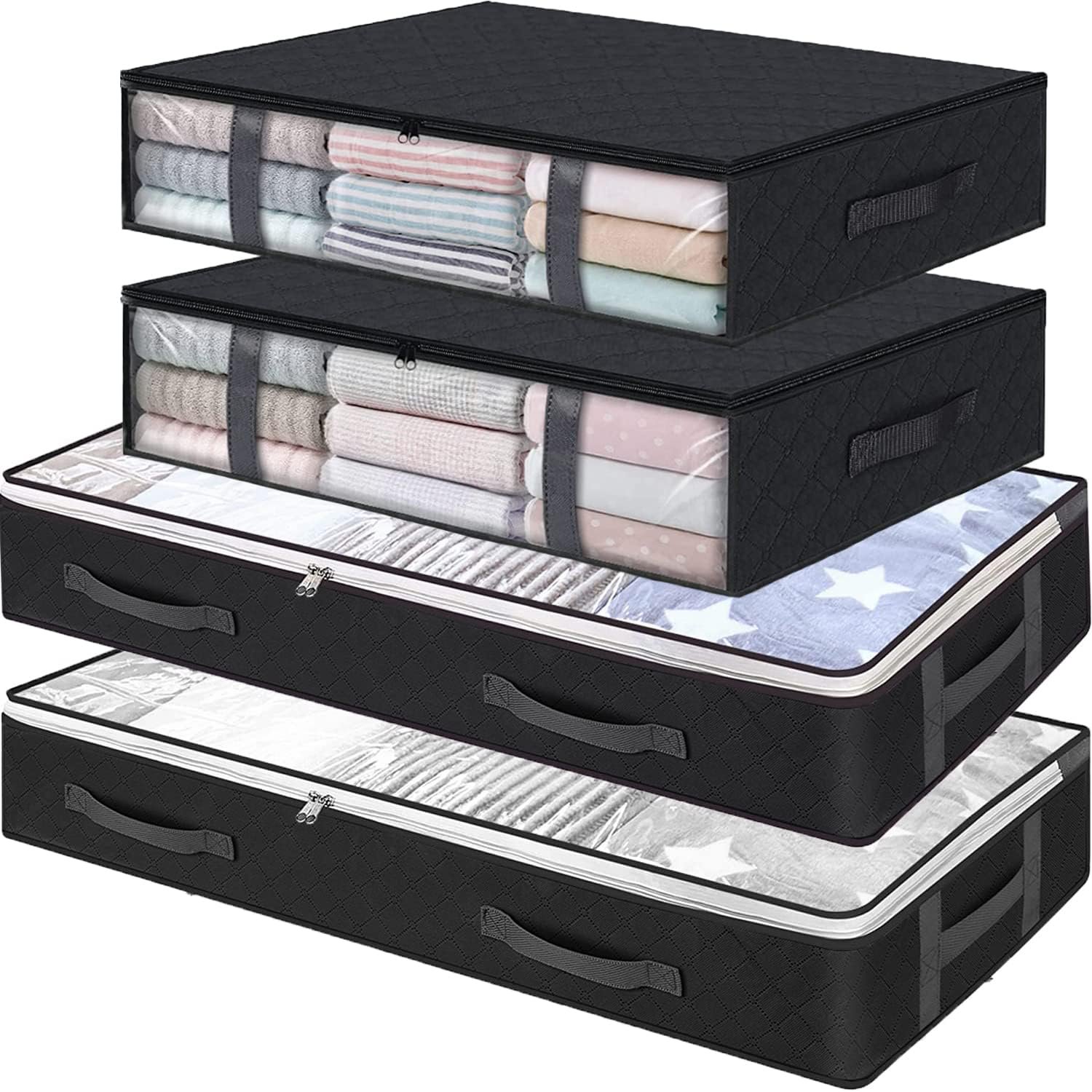 Under Bed Storage Containers, 4-Pack Large Underbed Storage Bags Organizer, Thick Fabric Storage Bins with Clear Window and Handles for Blanket, Comforter, Bedding, Clothes, Black