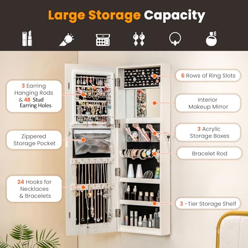 Giantex Jewelry Cabinet Armoire Door Wall Mount, 47.2in Lockable Touch Screen Lighted Full Length Mirror, 3 Lighting Settings, Inside Makeup Mirror, Jewelry Storage Box Organizer (Black)