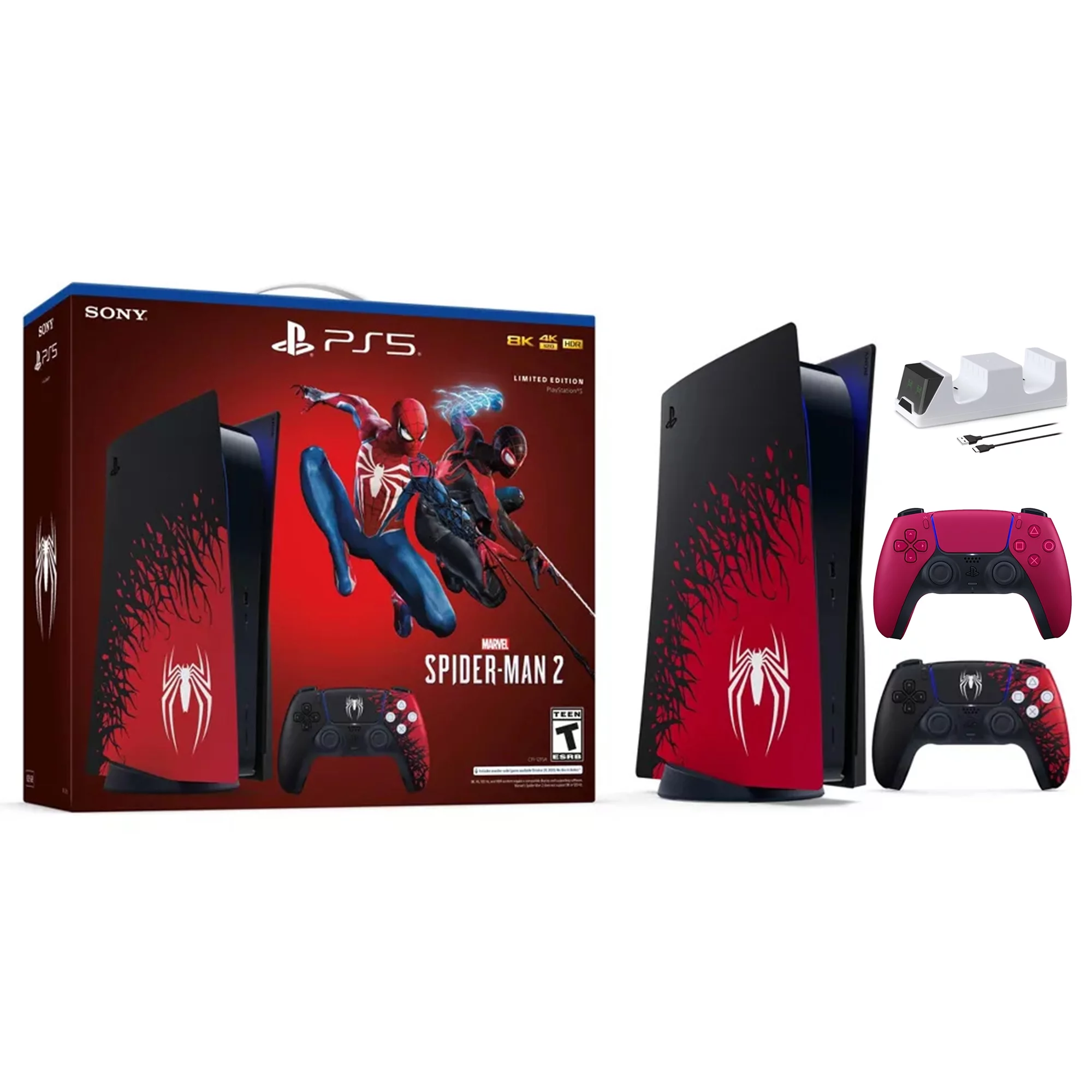 PlayStation 5 Disc Edition Marvel's Spider-Man 2 Limited Bundle with Two Controllers Spider-Man and Cosmic Red DualSense and Mytrix Dual Controller Charger - PS5 Gaming Console