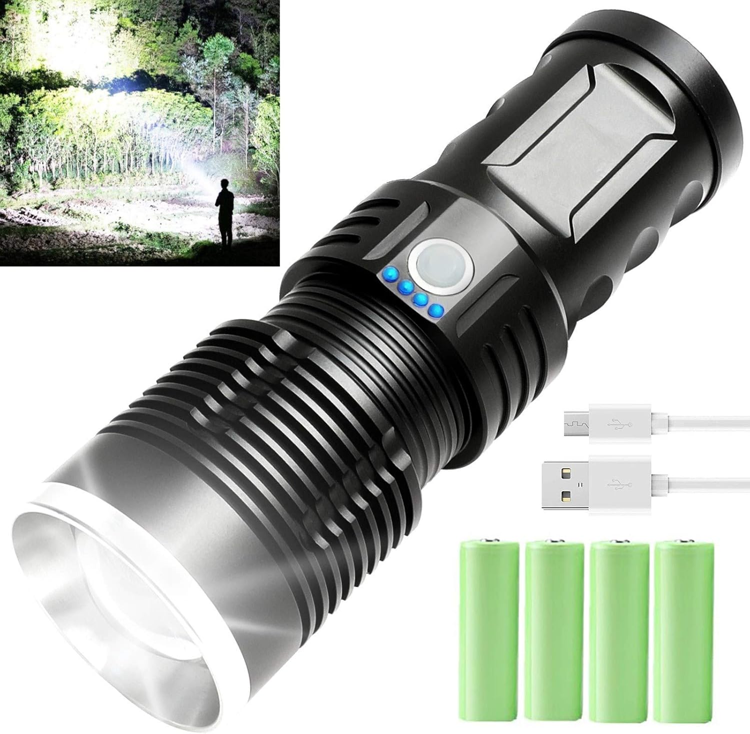 Led Flashlight, 100000 Lumen Super Bright Tactical Flashlights High Lumens with Battery & USB Cable, 3 Modes, Zoomable, Waterproof, Rechargeable Handheld Flashlight for Camping Emergencies