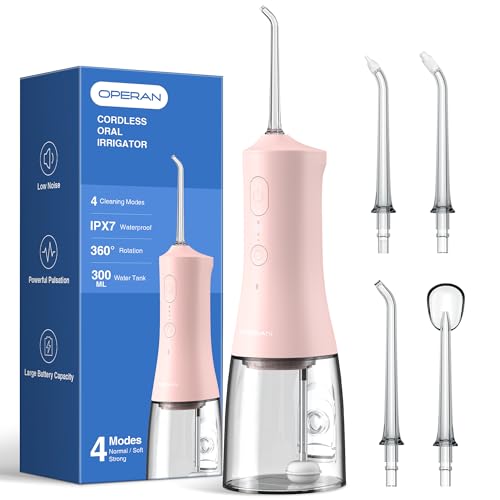 Operan Water Flosser for Teeth Cleaning Upgraded 300ml Cordless Water Dental Flossers Rechargeable Oral Irrigator with 4 Modes 4 Jet Tips IPX7 Waterproof Water Floss for Home Travel (Black)+1Pack - Radiant Selections