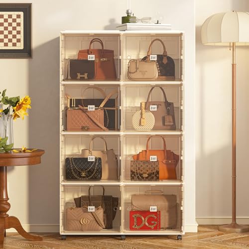 8 Cubbies Handbag Storage Organizer for Closet,Purse Storage Organizer,Shoe&Boots Cabinet Storage with Magnetic Door and Wheels,Suitable for Storing Antiques,Books,Toys Etc.