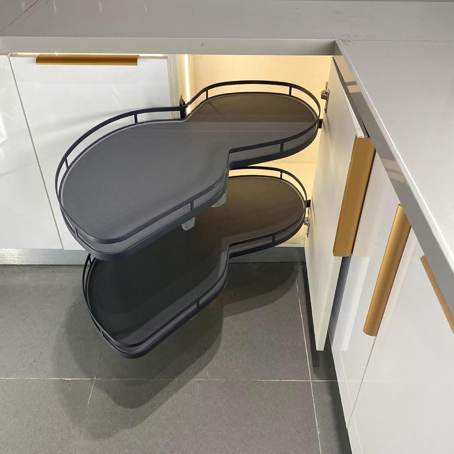 Cabinet Cupboard Corner Pull Out Shelf Carousel Storage Rack Soft Close Kitchen Blind Pullout Organizer, 900MM Cabinet 2-Tiers Swing Tray