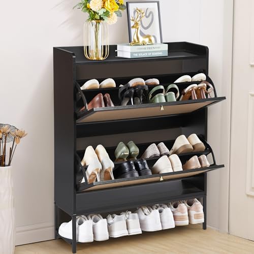 LEVNARY Shoe Cabinet Set of 2, Wooden Narrow Shoe Racks Cabinet Storage with 2 Flip Drawers, Hidden Freestanding Shoe Organizer for Hallway, Entryway, Home (2, Walnut)