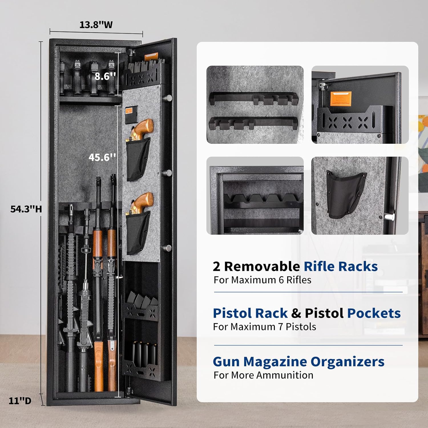 BlackSmith 6 Long Gun Safe for Rifle Pistols Home Rifle Gun Safe Quick Access Handgun Safe with Keys Keypad Wall Mount Large Gun Cabinet with Pistol Rack Pockets Rifle Racks Ammo Storage