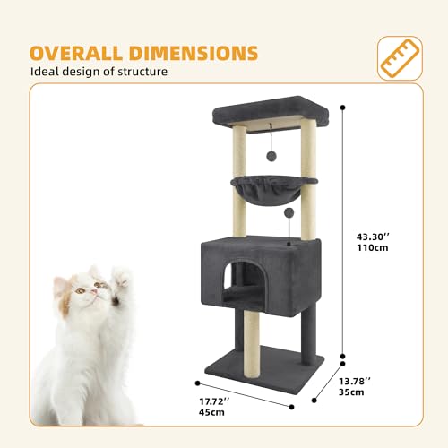 Cat Tree with Cat Condo and Two Hammocks, Cat Tower with Scratching Posts and Scratching Pads, Cat Tree Tower for Indoor Cats, Grey