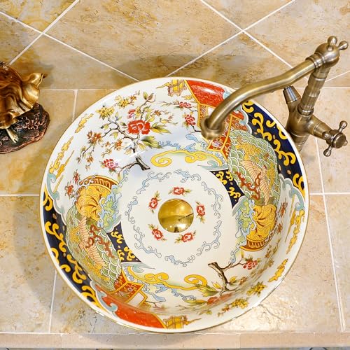 Ceramic Bathroom Vessel Sinks Luxury Retro Style Painted Multi Color Porcelain Round Sink Bowl