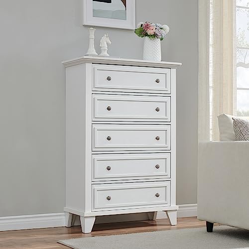 Dresser for Bedroom, Vintage Dresser with 5 Drawers, Chest Drawers with Metal Handles, Wood Organizer Storage for Living Room, Entryway, Kid's Room (Exquisite White, 5-Drawer Dresser)