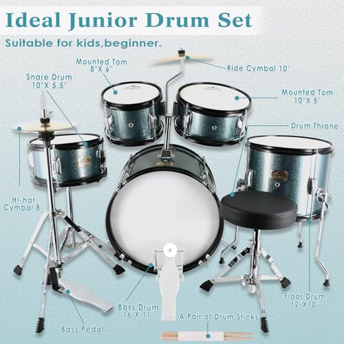 EASTROCK Kids Drum Set, 5-Piece 16 Inches Junior Drum Sets for Kids, Drummer, Beginner Youth Drumset for 7-12 Years Old with Throne,Cymbal,Pedal,Drumsticks (Black)