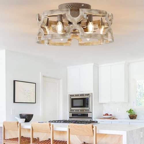 Fandelier Ceiling Fan with Light, Farmhouse Ceiling Fans Lights Caged 18 in Rustic Boho Wood Chandelier Fan Fixtures Vintage Bladeless Ceiling Fan Remote Dining Room 6xE12 Base (White-1)