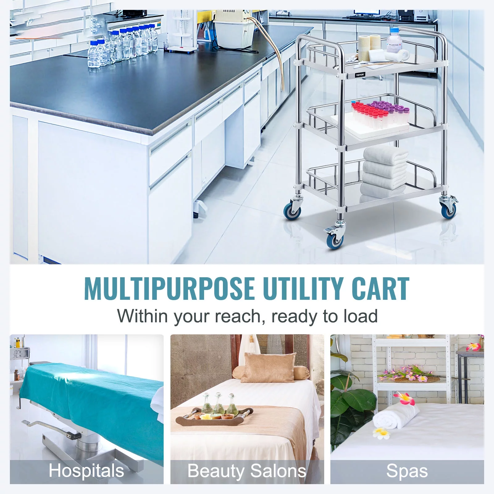 BENTISM 3-Layer Stainless Steel Lab Medical Equipment Cart Trolley
