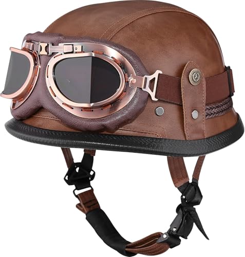 German Style Motorcycle Helmet, DOT Approved Retro Leather Motorcycle Half Helmet Skull Cap for Adult Men Women, Vintage Open Face Half Shell Helmet for Cruiser Scooter Chopper